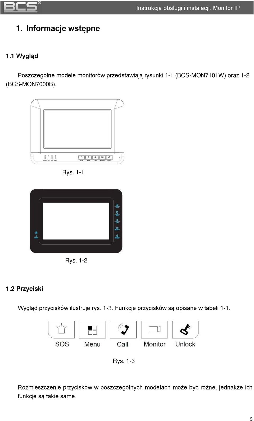 (BCS-MON7000B). Rys. 1-1 Rys. 1-2 1.2 Przyciski Wygld przycisków ilustruje rys. 1-3.