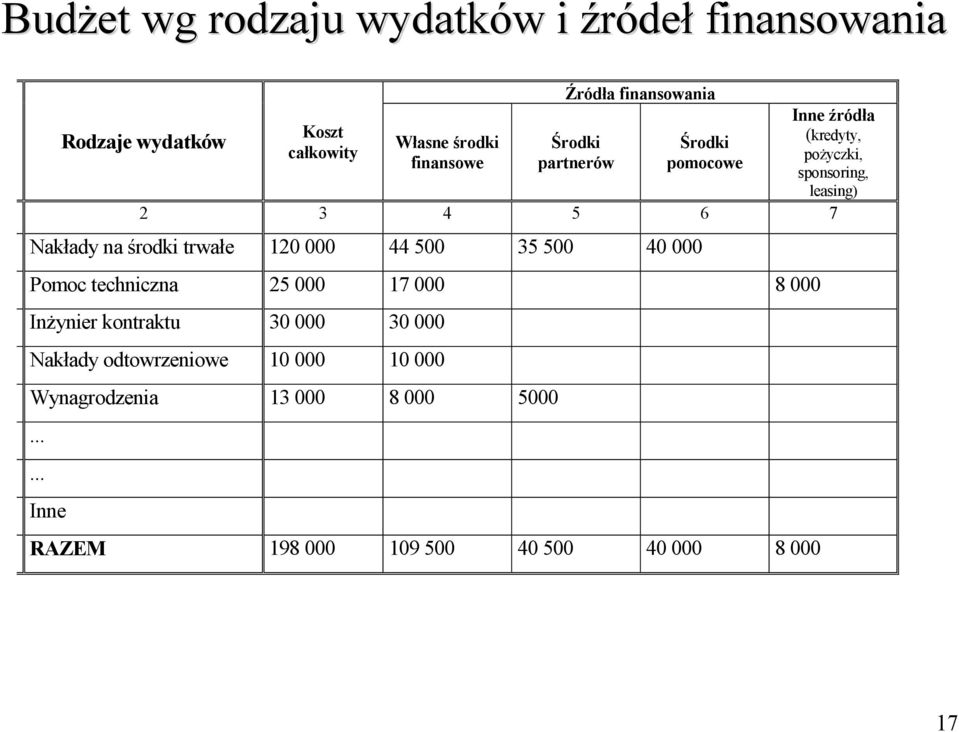 Nakłady na środki trwałe 120 000 44 500 35 500 40 000 Pomoc techniczna 25 000 17 000 8 000 Inżynier kontraktu 30 000