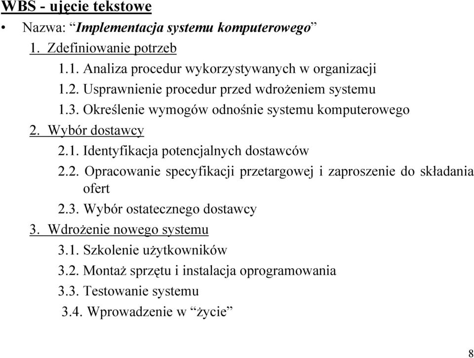 2. Opracowanie specyfikacji przetargowej i zaproszenie do składania ofert 2.3. Wybór ostatecznego dostawcy 3. Wdrożenie nowego systemu 3.1.