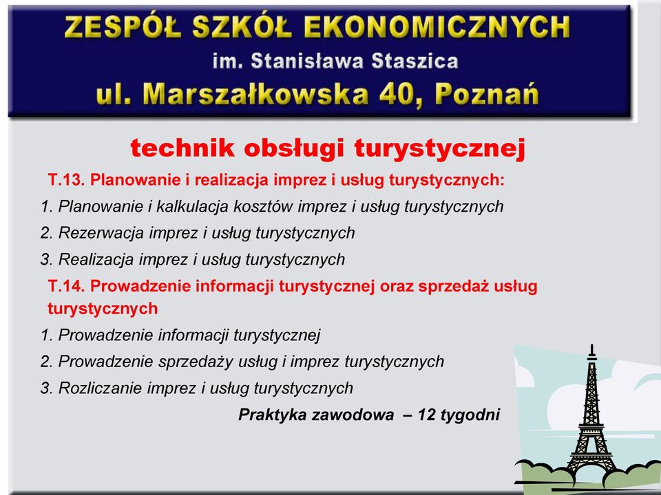 Realizacja imprez i usług turystycznych T.14. Prowadzenie informacji turystycznej oraz sprzedaż usług turystycznych 1.