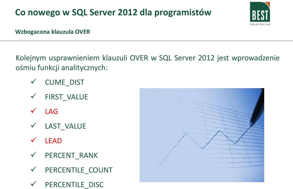 ośmiu funkcji analitycznych: CUME_DIST FIRST_VALUE