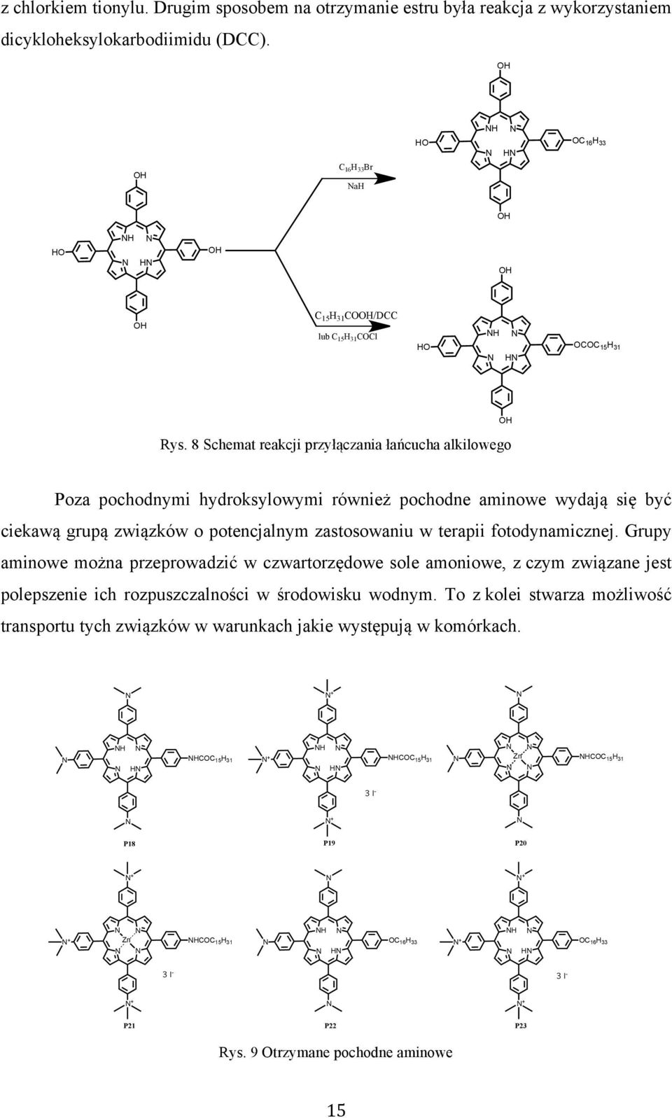 8 Schemat reakcji przyłączania łańcucha alkilowego Poza pochodnymi hydroksylowymi również pochodne aminowe wydają się być ciekawą grupą związków o potencjalnym zastosowaniu w terapii fotodynamicznej.