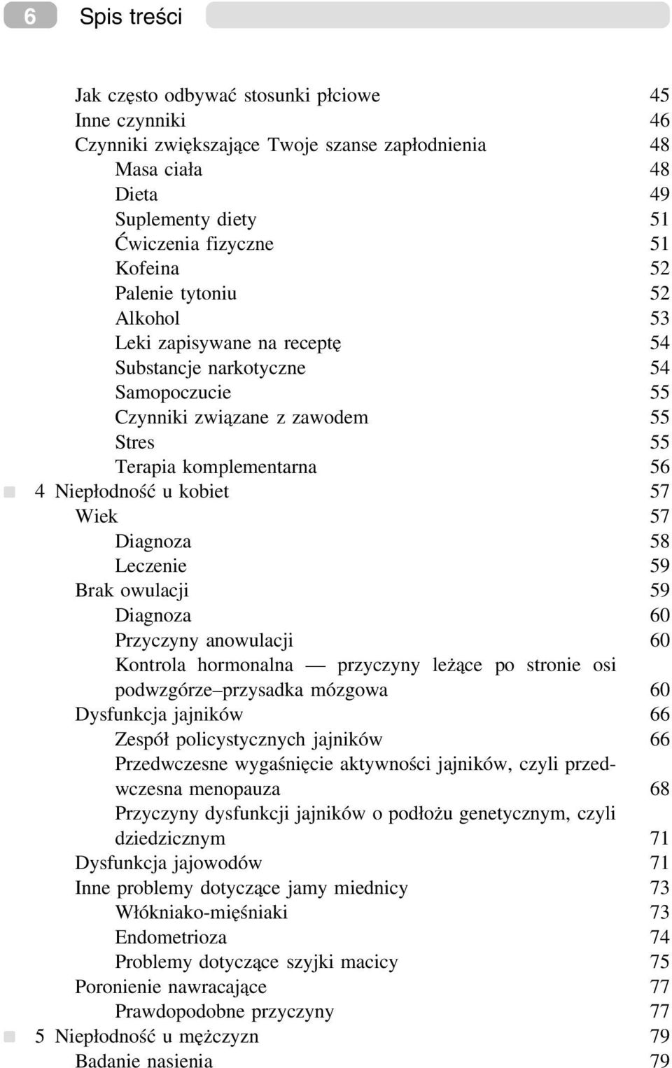 57 Diagnoza 58 Leczenie 59 Brak owulacji 59 Diagnoza 60 Przyczyny anowulacji 60 Kontrola hormonalna przyczyny leżące po stronie osi podwzgórze przysadka mózgowa 60 Dysfunkcja jajników 66 Zespół