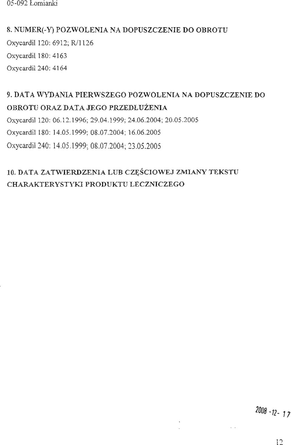 2005 Oxycardil180: 14.05.1999; 08.07.2004; 16.06.2005 Oxycardi1240: 14.05.1999; 08.07.2004; 23.05.2005 10.