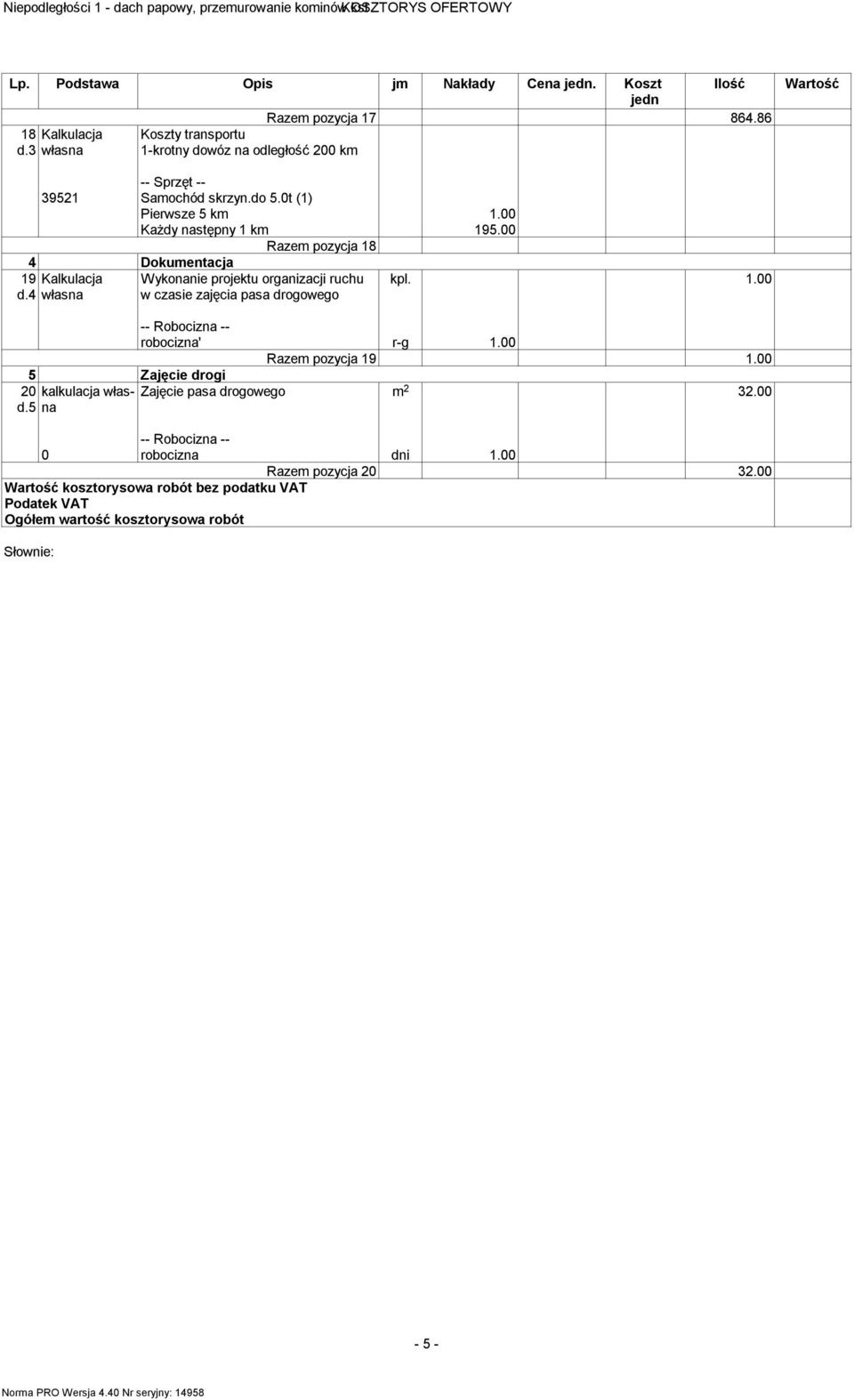 00 Razem pozycja 18 4 Dokumentacja 19 d.4 20 d.5 Kalkulacja Wykonanie projektu organizacji ruchu w czasie zajęcia pasa drogowego kpl. 1.00 robocizna' r-g 1.