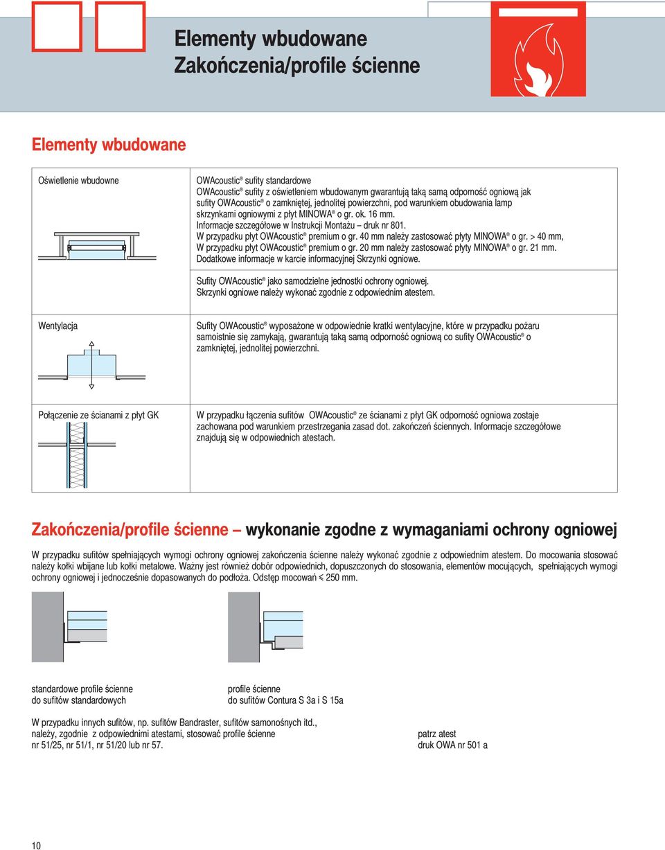 W przypku płyt OWAcoustic premium o gr. 40 mm nleży zstosowć płyty MINOWA o gr. > 40 mm, W przypku płyt OWAcoustic premium o gr. 20 mm nleży zstosowć płyty MINOWA o gr. 21 mm.