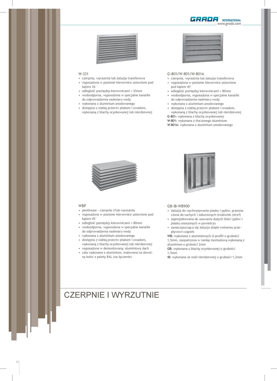 odprowadzenia nadmiaru wody wykonana z aluminium anodowanego dostępna z siatką przeciw ptakom i owadom, wykonaną z blachy ocynkowanej lub nierdzewnej G-801/W-801/W-801A czerpnia, wyrzutnia lub