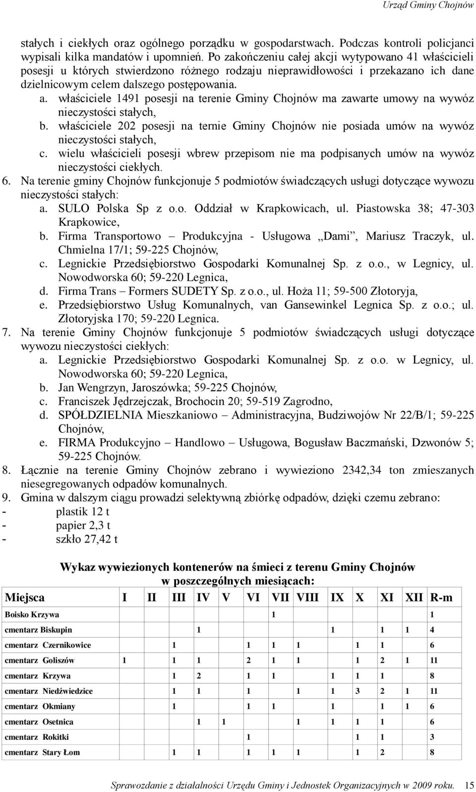 właściciele 202 posesji na ternie Gminy Chojnów nie posiada umów na wywóz nieczystości stałych, c. wielu właścicieli posesji wbrew przepisom nie ma podpisanych umów na wywóz nieczystości ciekłych. 6.