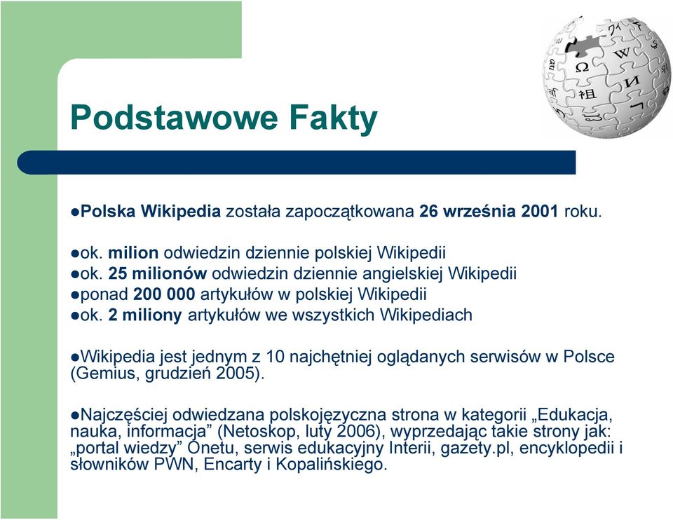 2 miliony artykułów we wszystkich Wikipediach Wikipedia jest jednym z 10 najchętniej oglądanych serwisów w Polsce (Gemius, grudzień 2005).