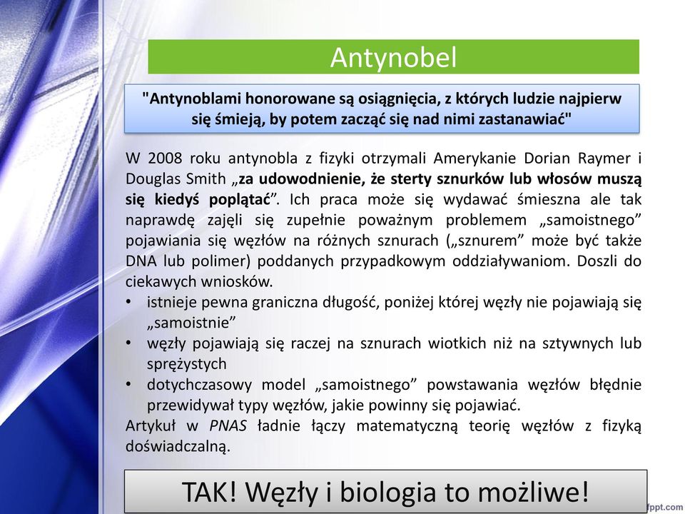 Ich praca może się wydawać śmieszna ale tak naprawdę zajęli się zupełnie poważnym problemem samoistnego pojawiania się węzłów na różnych sznurach ( sznurem może być także DNA lub polimer) poddanych