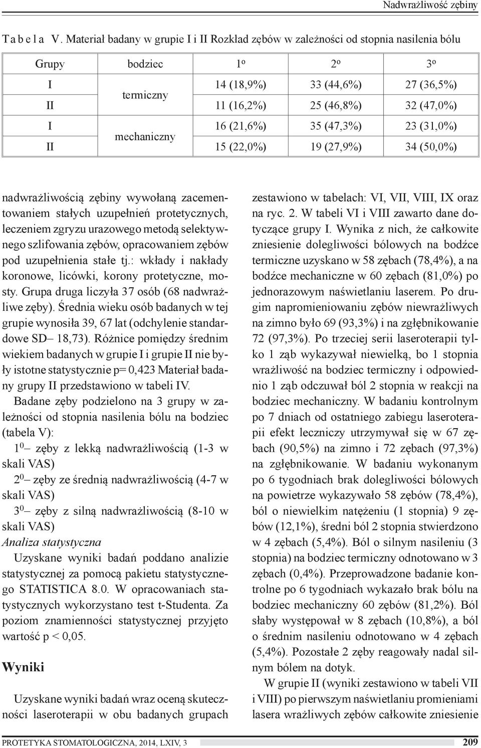 (3,0%) mechaniczny II 5 (,0%) 9 (7,9%) 3 (50,0%) nadwrażliwością zębiny wywołaną zacementowaniem stałych uzupełnień protetycznych, leczeniem zgryzu urazowego metodą selektywnego szlifowania zębów,