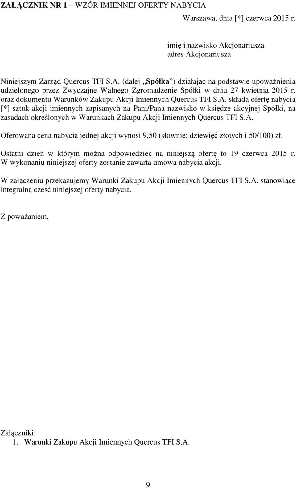 cji Imiennych Quercus TFI S.A.