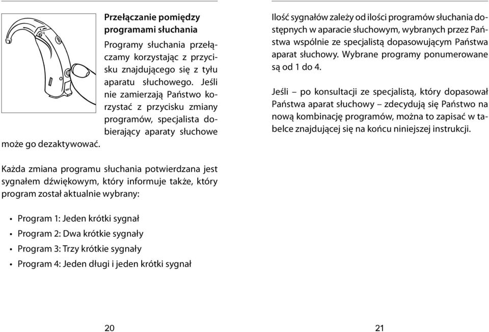 Ilość sygnałów zależy od ilości programów słuchania dostępnych w aparacie słuchowym, wybranych przez Państwa wspólnie ze specjalistą dopasowującym Państwa aparat słuchowy.