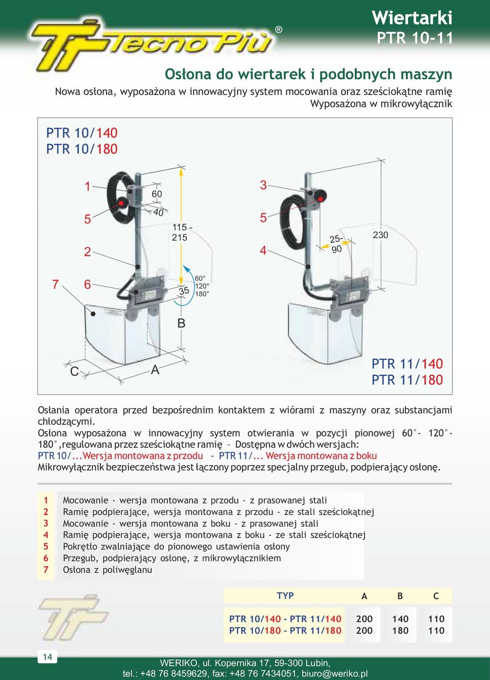 Osłona wyposażona w innowacyjny system otwierania w pozycji pionowej 0-0 - 80, regulowana przez sześciokątne ramię ostępna w dwóch wersjach: PTR 0/...Wersja montowana z przodu - PTR /.