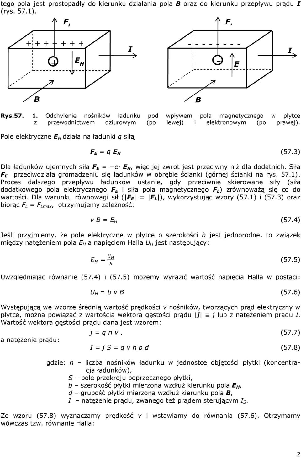 3) Dla ładunków ujemnych siła F E = e E H, więc jej zwrot jest przeciwny niż dla dodatnich. Siła F E przeciwdziała gromadzeniu się ładunków w obrębie ścianki (górnej ścianki na rys. 57.1).