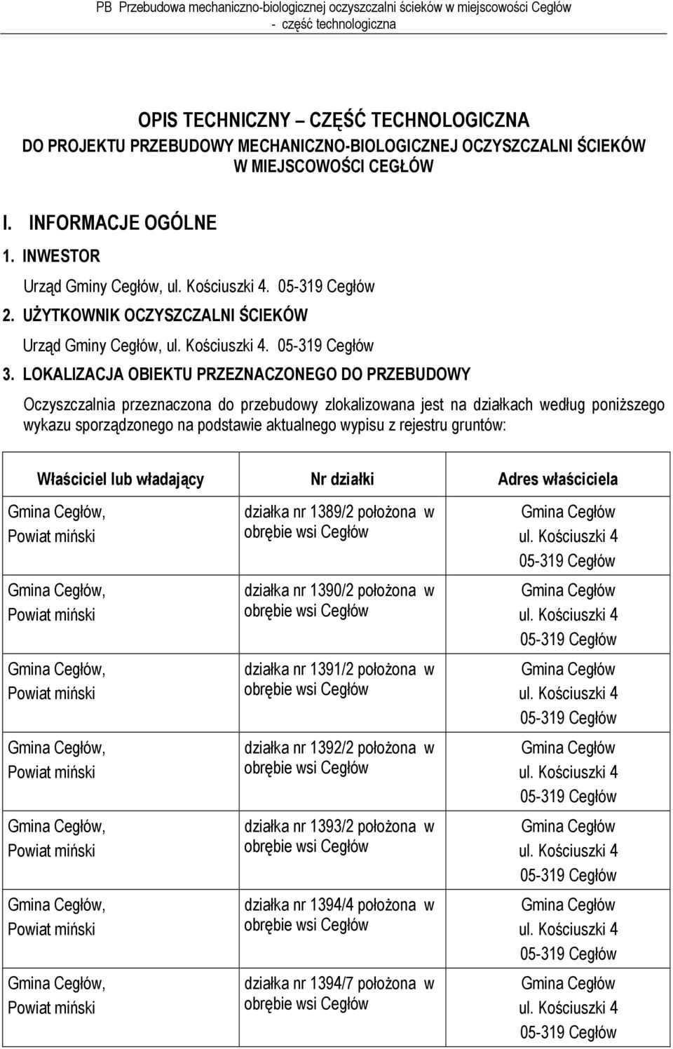 LOKALIZACJA OBIEKTU PRZEZNACZONEGO DO PRZEBUDOWY Oczyszczalnia przeznaczona do przebudowy zlokalizowana jest na działkach według poniższego wykazu sporządzonego na podstawie aktualnego wypisu z