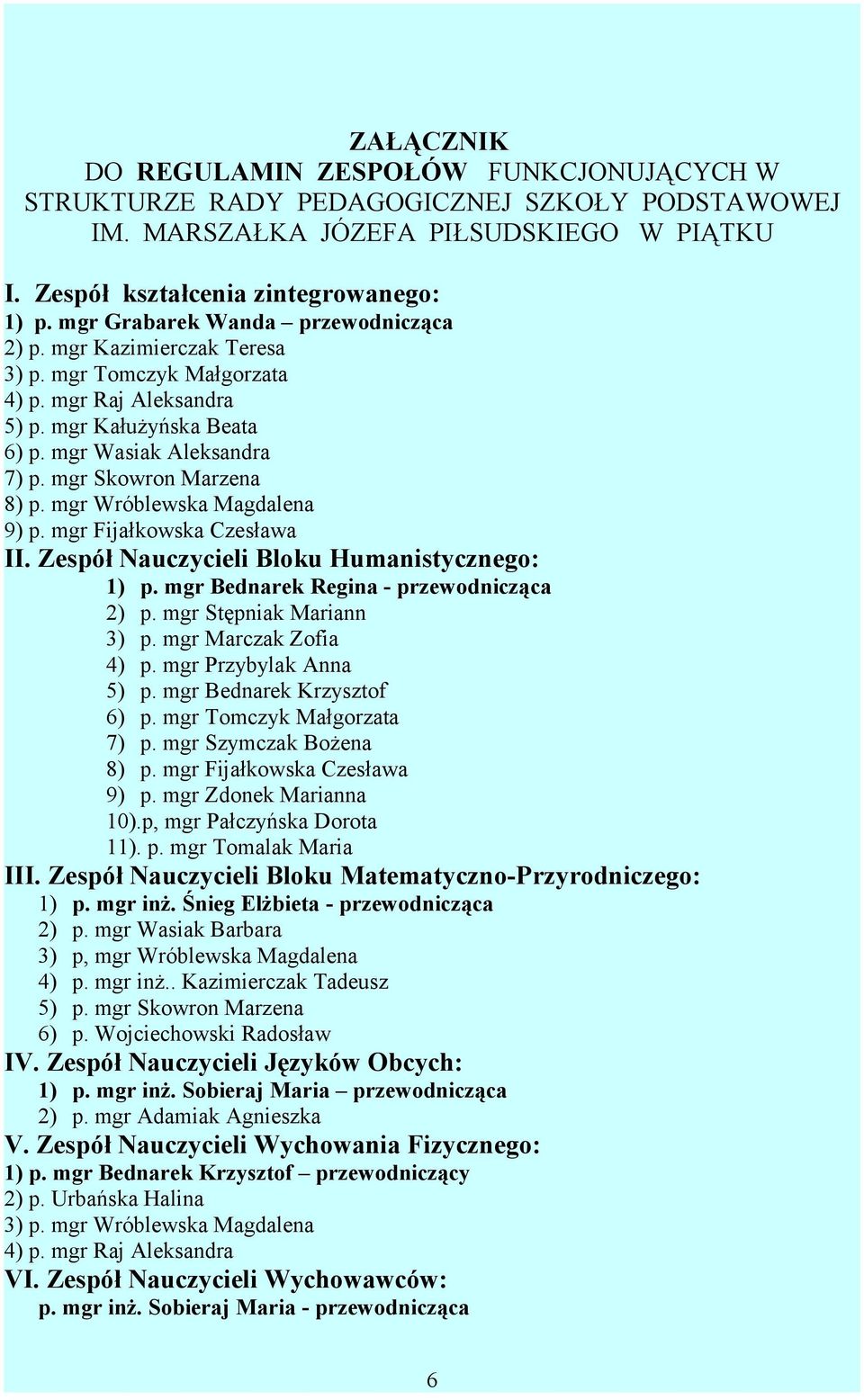 mgr Skowron Marzena 8) p. mgr Wróblewska Magdalena 9) p. mgr Fijałkowska Czesława II. Zespół Nauczycieli Bloku Humanistycznego: 1) p. mgr Bednarek Regina - przewodnicząca 2) p.