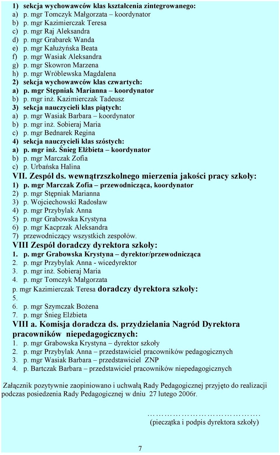 Kazimierczak Tadeusz 3) sekcja nauczycieli klas piątych: a) p. mgr Wasiak Barbara koordynator b) p. mgr inż. Sobieraj Maria c) p. mgr Bednarek Regina 4) sekcja nauczycieli klas szóstych: a) p.