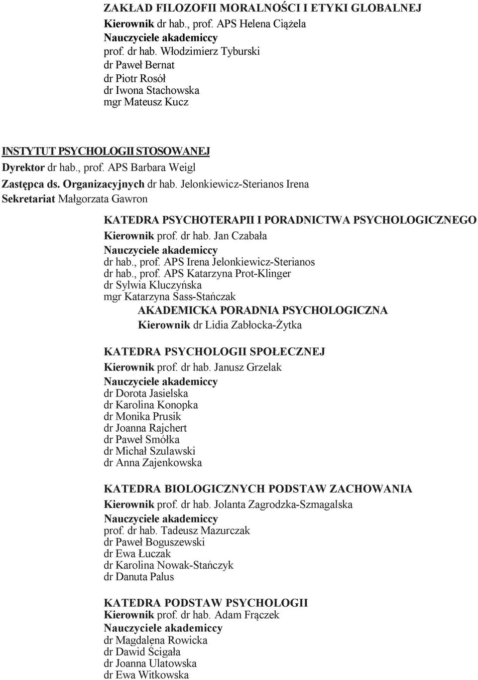 Organizacyjnych dr hab. Jelonkiewicz-Sterianos Irena Sekretariat Małgorzata Gawron KATEDRA PSYCHOTERAPII I PORADNICTWA PSYCHOLOGICZNEGO Kierownik prof. dr hab. Jan Czabała dr hab., prof.