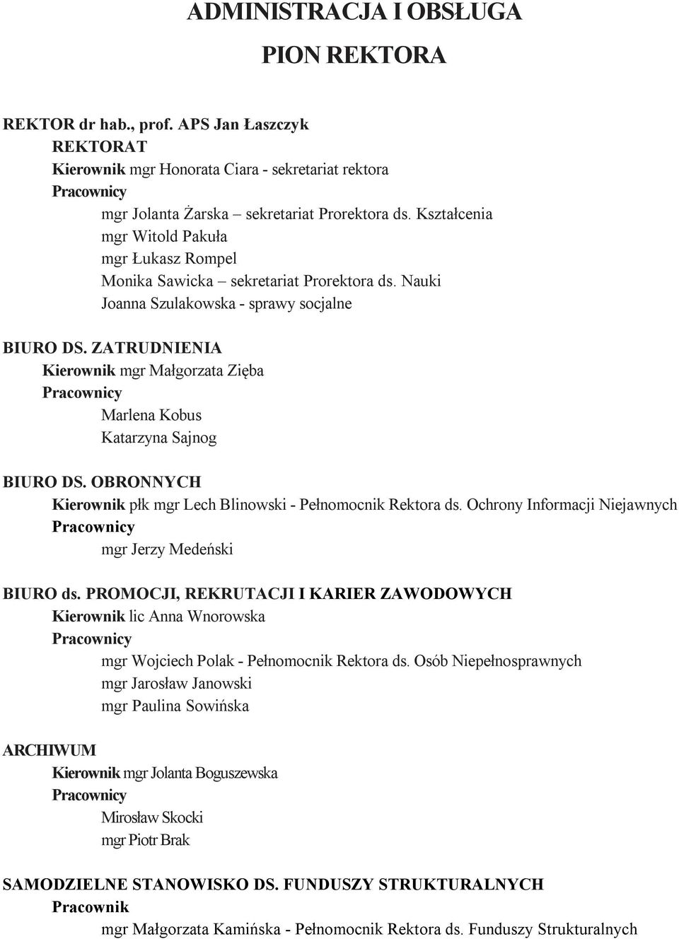 ZATRUDNIENIA Kierownik mgr Małgorzata Zięba Marlena Kobus Katarzyna Sajnog BIURO DS. OBRONNYCH Kierownik płk mgr Lech Blinowski - Pełnomocnik Rektora ds.