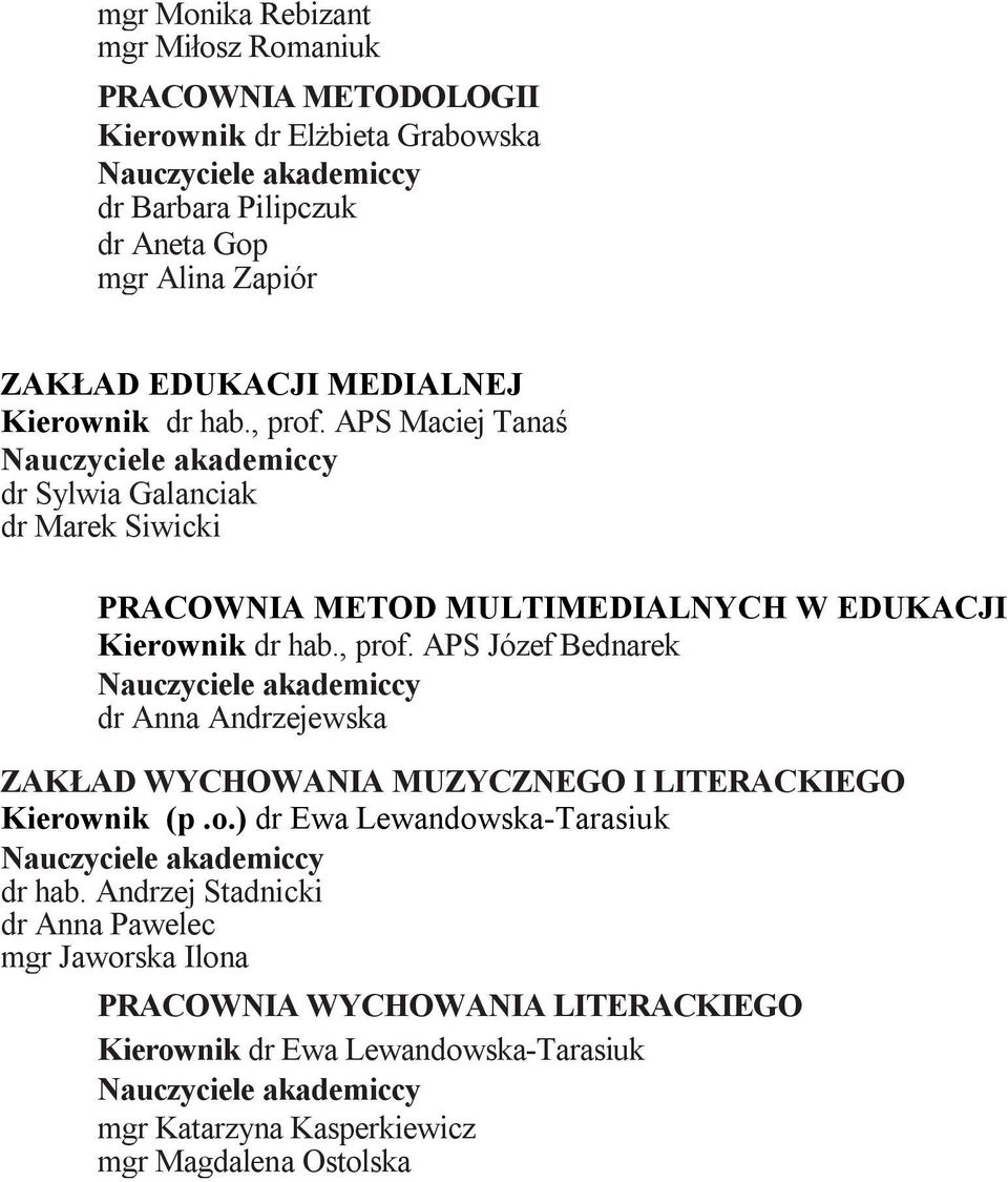 , prof. APS Józef Bednarek dr Anna Andrzejewska ZAKŁAD WYCHOWANIA MUZYCZNEGO I LITERACKIEGO Kierownik (p.o.) dr Ewa Lewandowska-Tarasiuk dr hab.