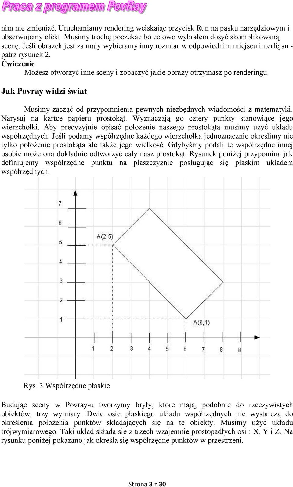 Jak Povray widzi świat Musimy zacząć od przypomnienia pewnych niezbędnych wiadomości z matematyki. Narysuj na kartce papieru prostokąt. Wyznaczają go cztery punkty stanowiące jego wierzchołki.