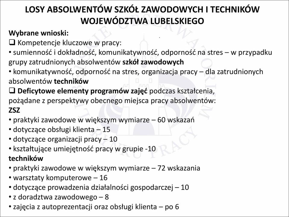 organizacja pracy dla zatrudnionych absolwentów techników Deficytowe elementy programów zajęć podczas kształcenia, pożądane z perspektywy obecnego miejsca pracy absolwentów: ZSZ praktyki zawodowe w