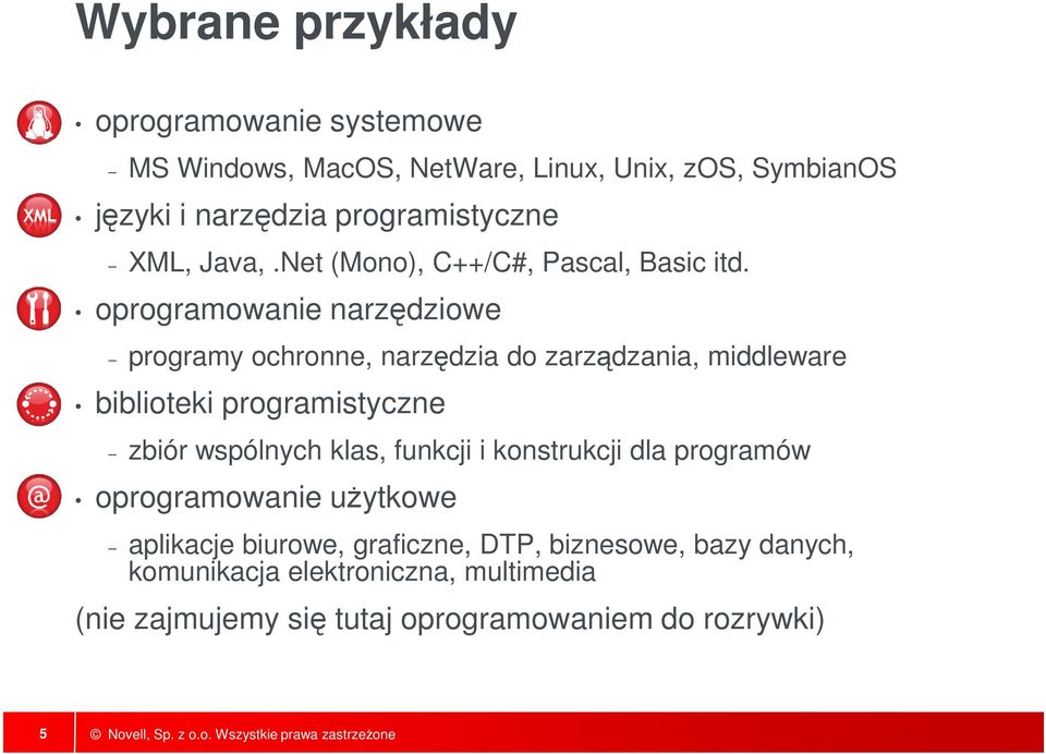 oprogramowanie narzędziowe programy ochronne, narzędzia do zarządzania, middleware biblioteki programistyczne zbiór wspólnych klas,