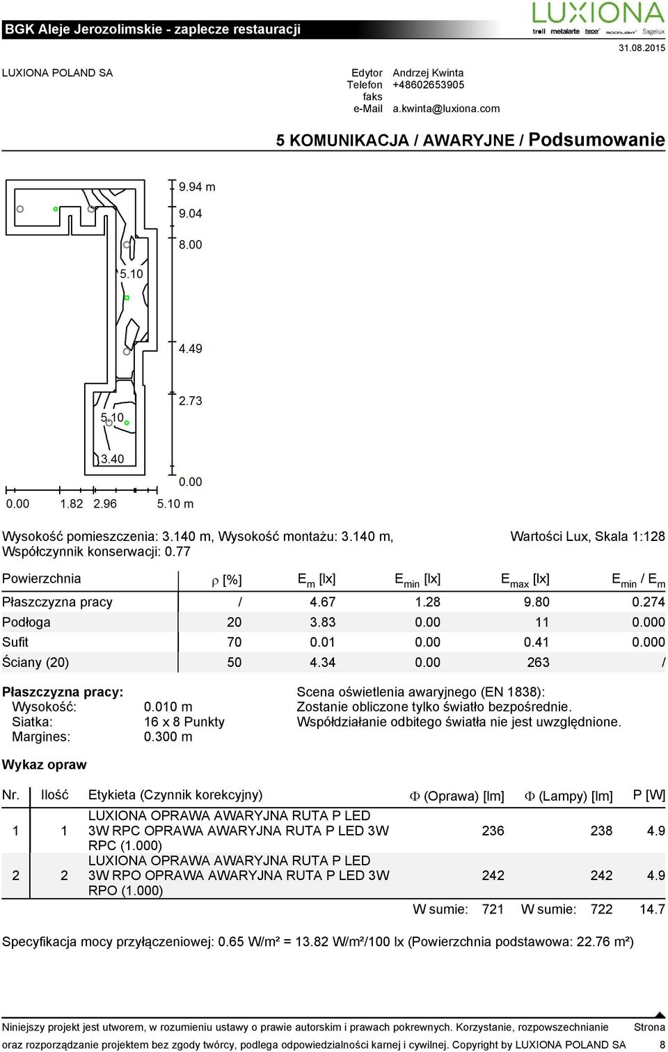 Współdziałanie odbitego światła nie jest uwzględnione. 1 1 2 2 LUXIONA OPRAWA AWARYJNA RUTA P LED 3W RPC OPRAWA AWARYJNA RUTA P LED 3W RPC (1.