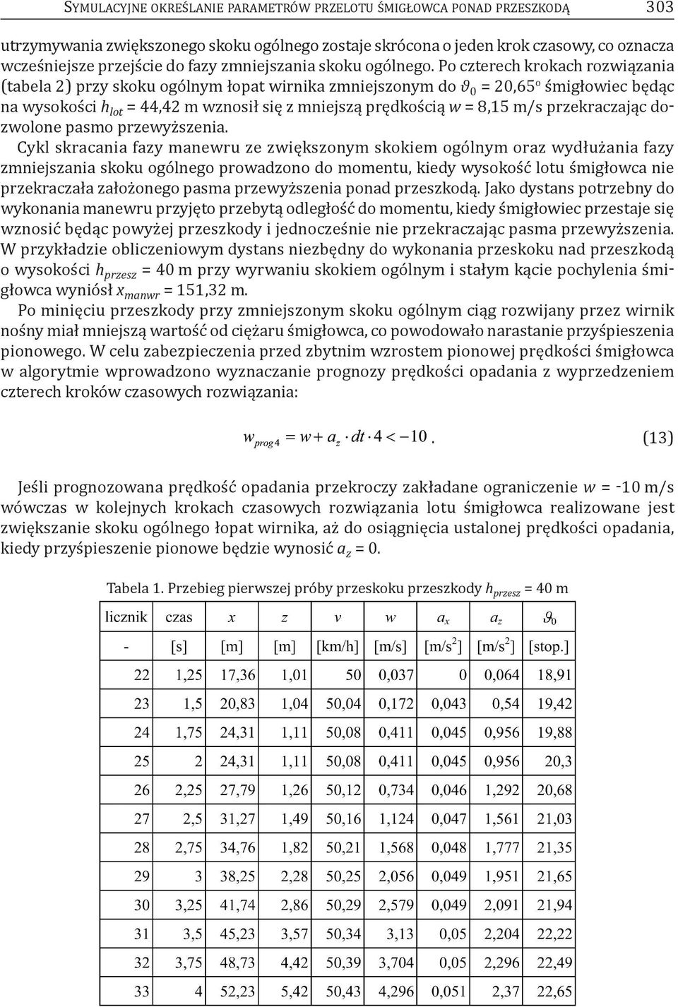 Po czterech krokach rozwiązania (tabela 2) przy skoku ogólnym łopat wirnika zmniejszonym do θ 0 = 20,65 o śmigłowiec będąc na wysokości h lot = 44,42 m wznosił się z mniejszą prędkością w = 8,15 m/s