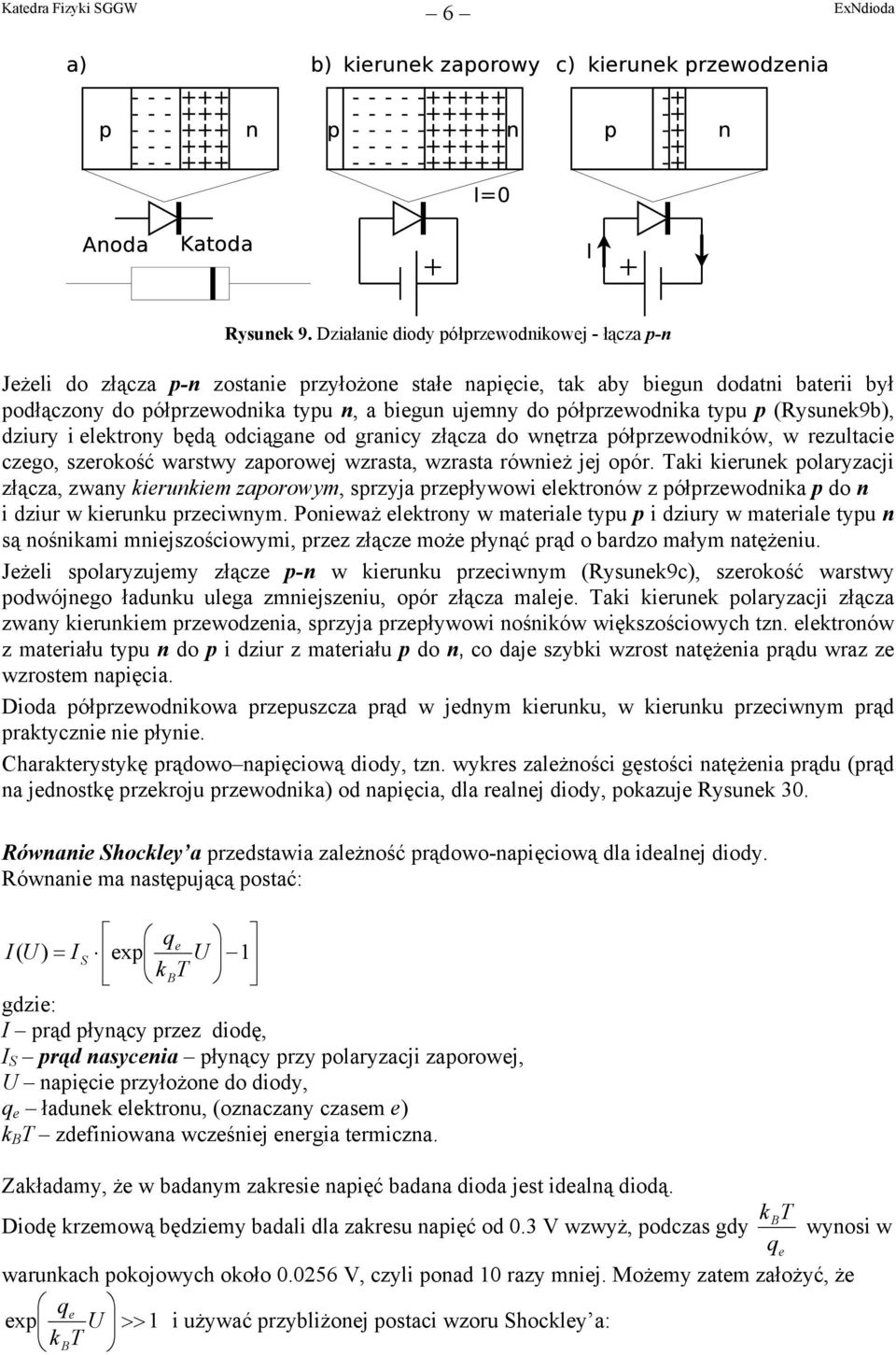 półprzewodnika typu p (Rysunek9b), dziury i elektrony będą odciągane od granicy złącza do wnętrza półprzewodników, w rezultacie czego, szerokość warstwy zaporowej wzrasta, wzrasta również jej opór.