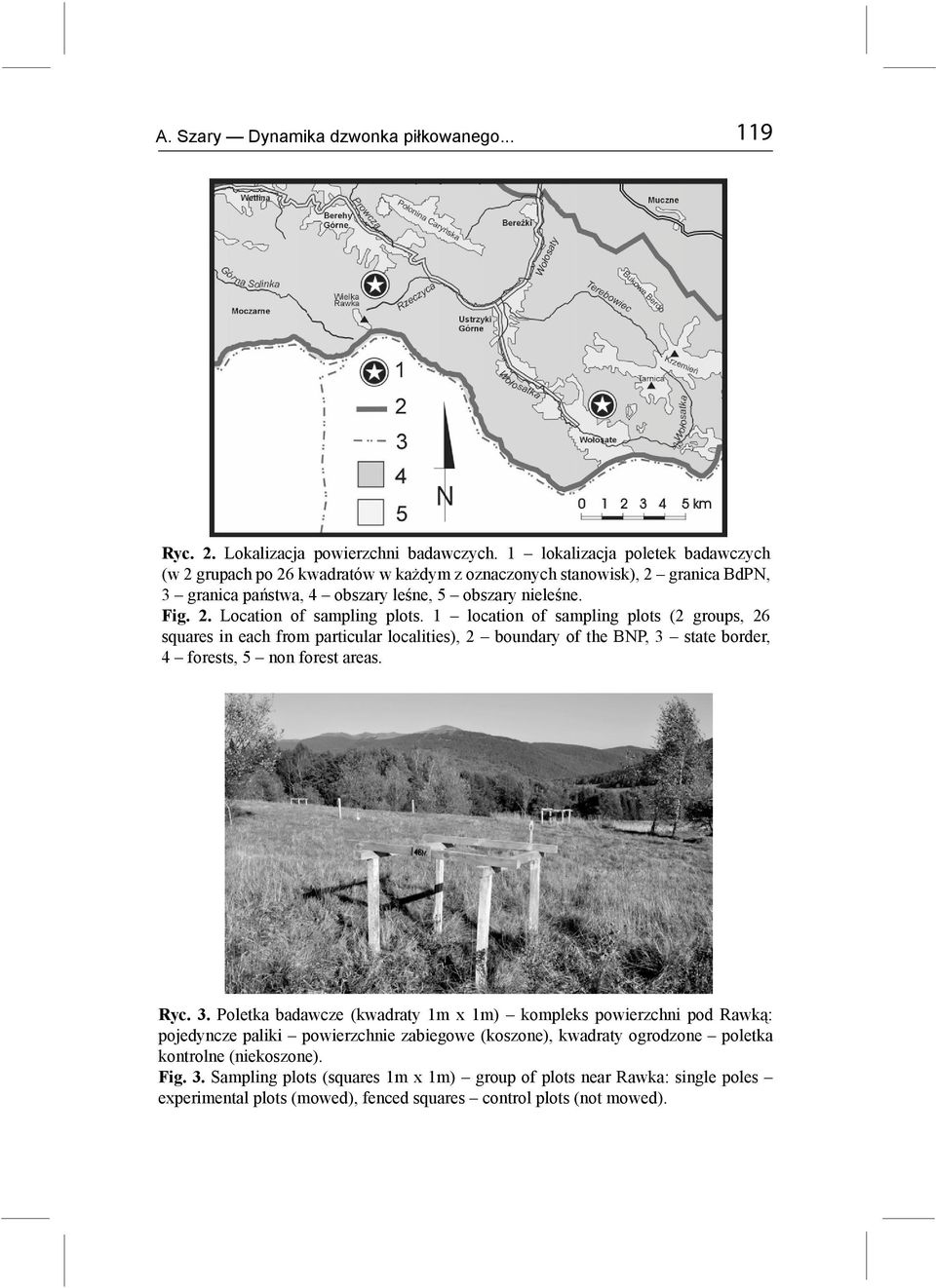 1 location of sampling plots (2 groups, 26 squares in each from particular localities), 2 boundary of the BNP, 3 