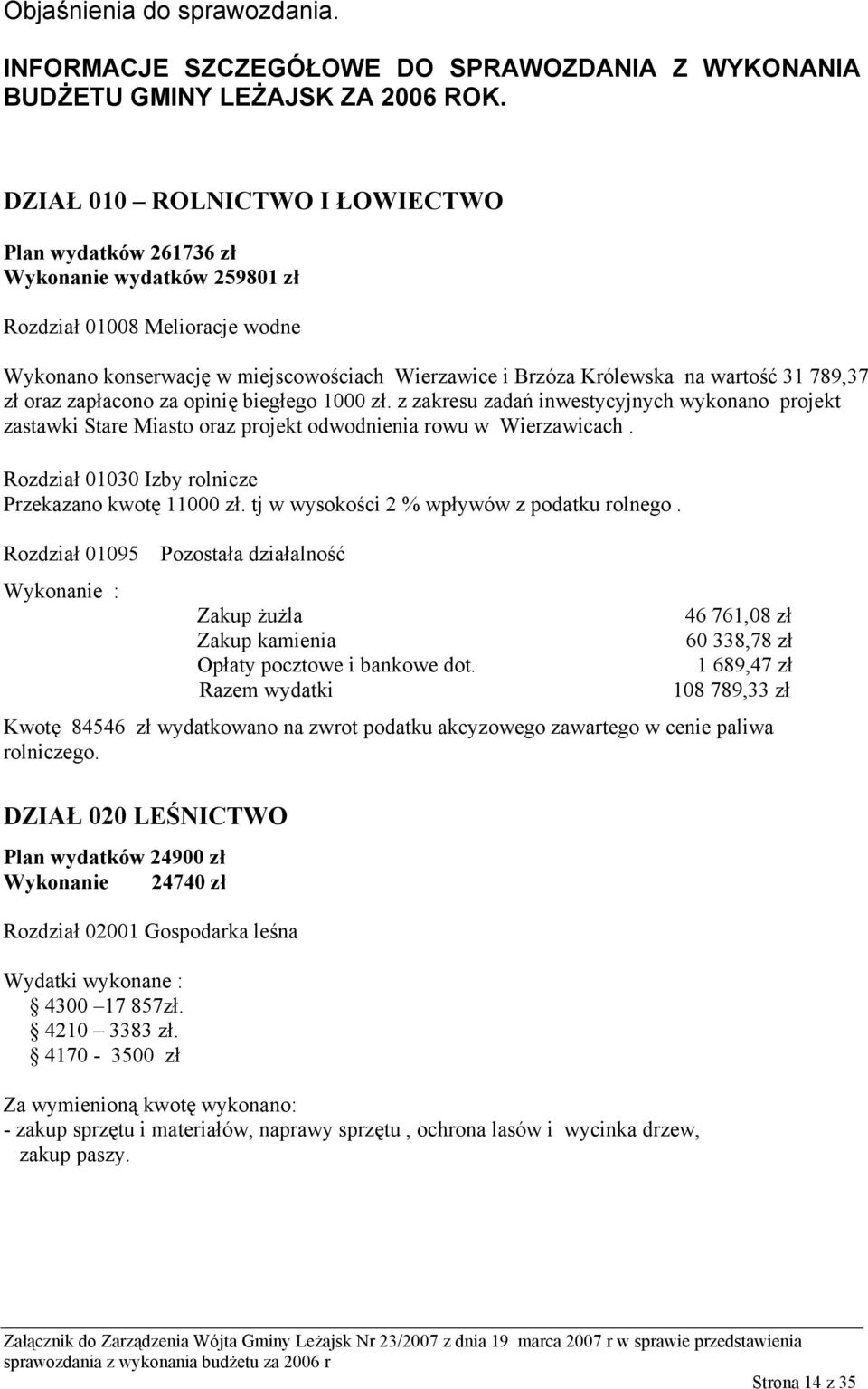 789,37 zł oraz zapłacono za opinię biegłego 1000 zł. z zakresu zadań inwestycyjnych wykonano projekt zastawki Stare Miasto oraz projekt odwodnienia rowu w Wierzawicach.