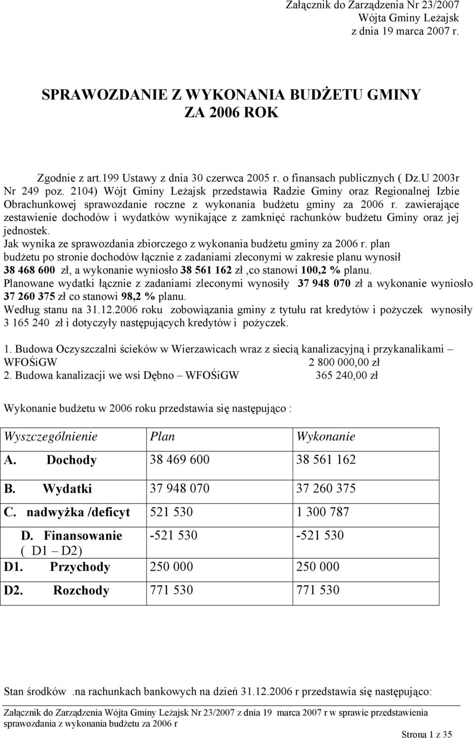 zawierające zestawienie dochodów i wydatków wynikające z zamknięć rachunków budżetu Gminy oraz jej jednostek. Jak wynika ze sprawozdania zbiorczego z wykonania budżetu gminy za 2006 r.