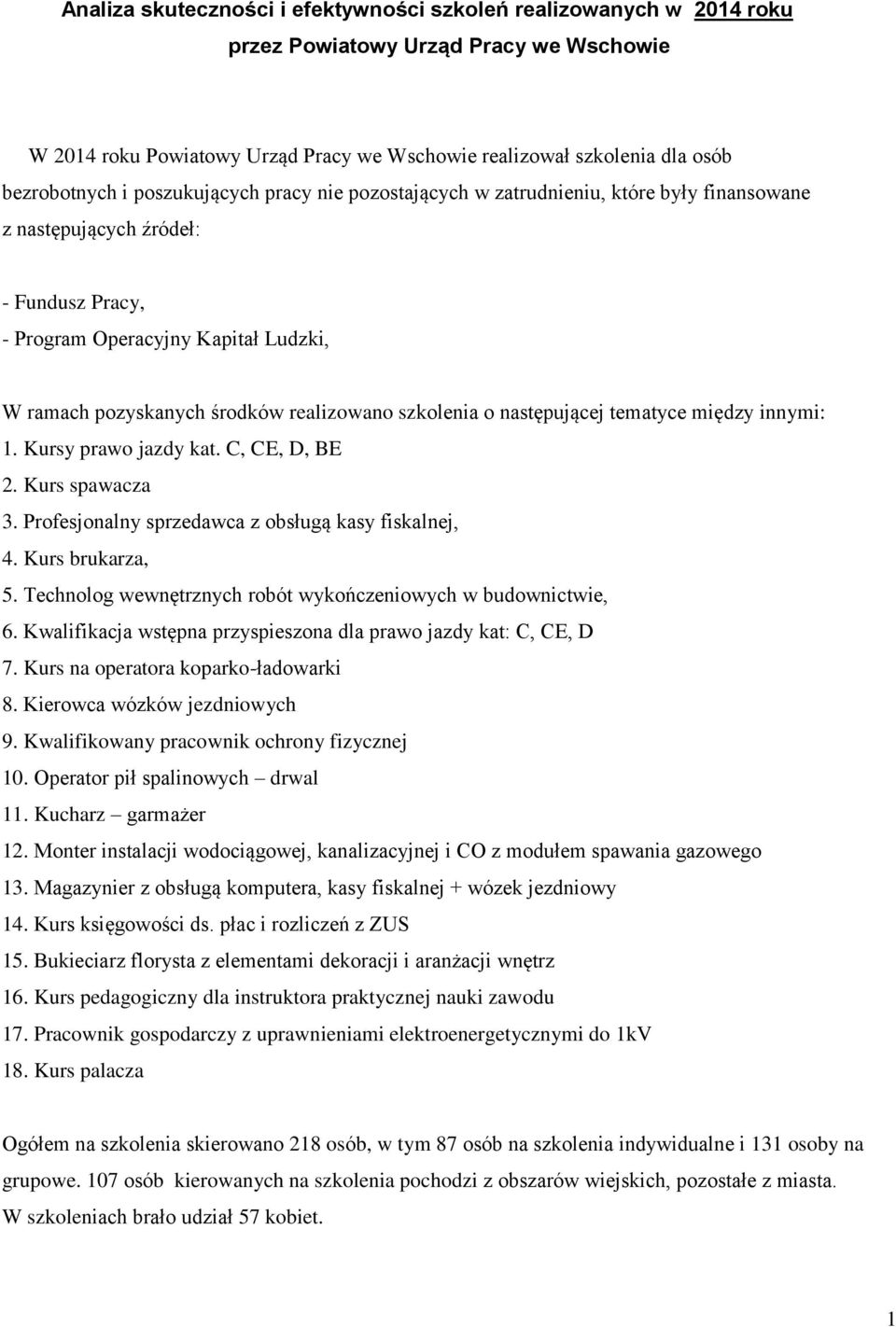 szkolenia o następującej tematyce między innymi: 1. Kursy prawo jazdy kat. C, CE, D, BE 2. Kurs spawacza 3. Profesjonalny sprzedawca z obsługą kasy fiskalnej, 4. Kurs brukarza, 5.