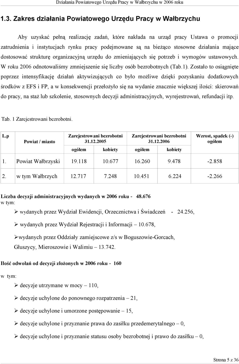 W roku 2006 odnotowaliśmy zmniejszenie się liczby osób bezrobotnych (Tab.1).