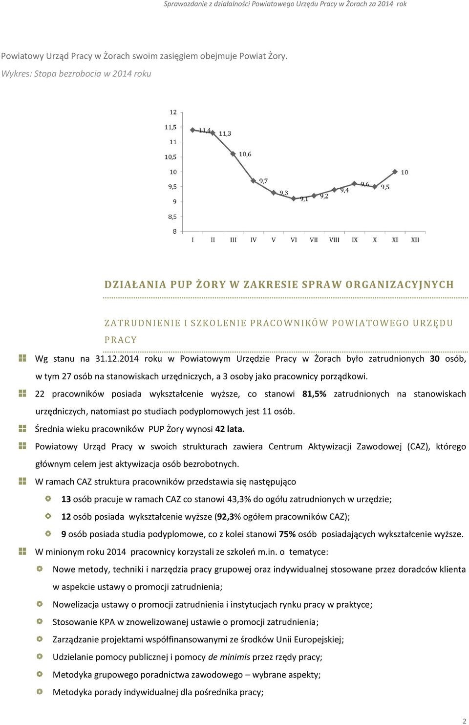 2014 roku w Powiatowym Urzędzie Pracy w Żorach było zatrudnionych 30 osób, w tym 27 osób na stanowiskach urzędniczych, a 3 osoby jako pracownicy porządkowi.