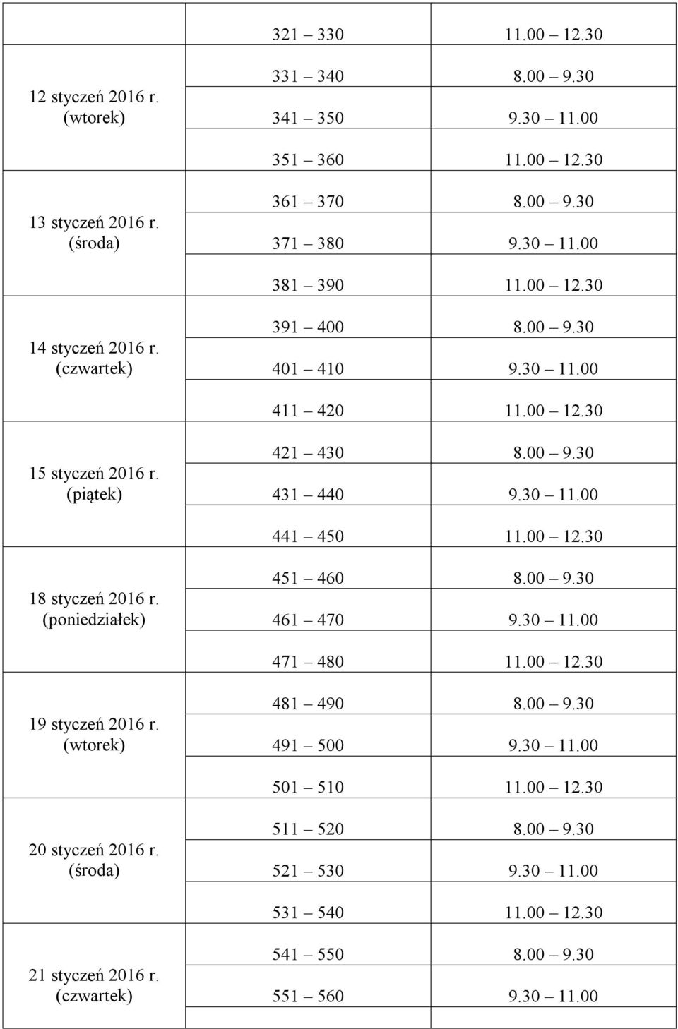 00 12.30 18 styczeń 2016 r. 451 460 8.00 9.30 461 470 9.30 11.00 471 480 11.00 12.30 19 styczeń 2016 r. 481 490 8.00 9.30 491 500 9.30 11.00 501 510 11.