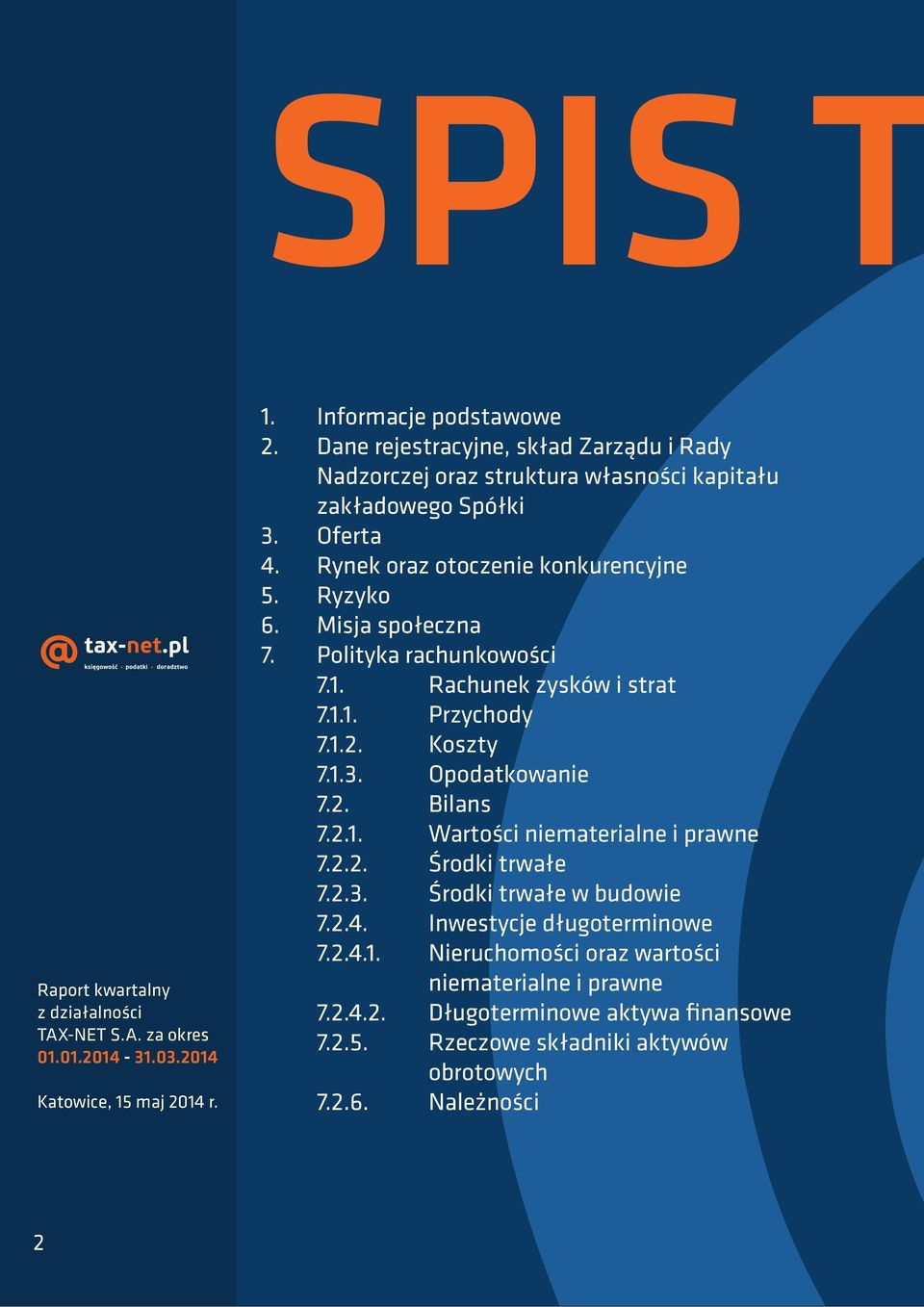 Misja społeczna 7. Polityka rachunkowości 7.1. Rachunek zysków i strat 7.1.1. Przychody 7.1.2. Koszty 7.1.3. Opodatkowanie 7.2. Bilans 7.2.1. Wartości niematerialne i prawne 7.2.2. Środki trwałe 7.