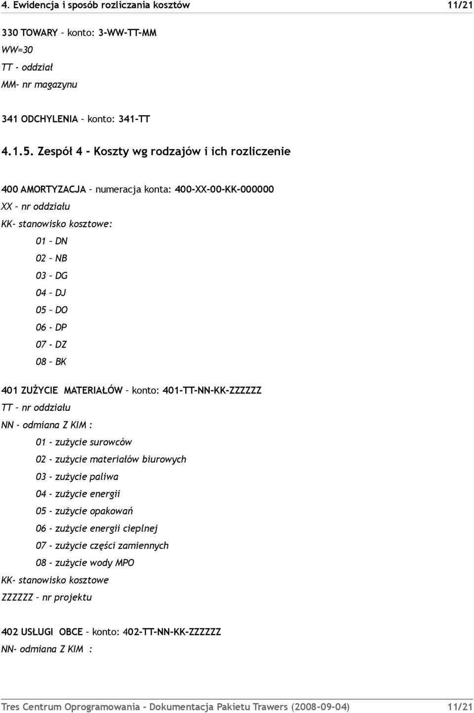 ZUŻYCIE MATERIAŁÓW konto: 401-TT-NN-KK-ZZZZZZ TT nr oddziału NN - odmiana Z KIM : 01 - zużycie surowców 02 - zużycie materiałów biurowych 03 - zużycie paliwa 04 - zużycie energii 05 - zużycie