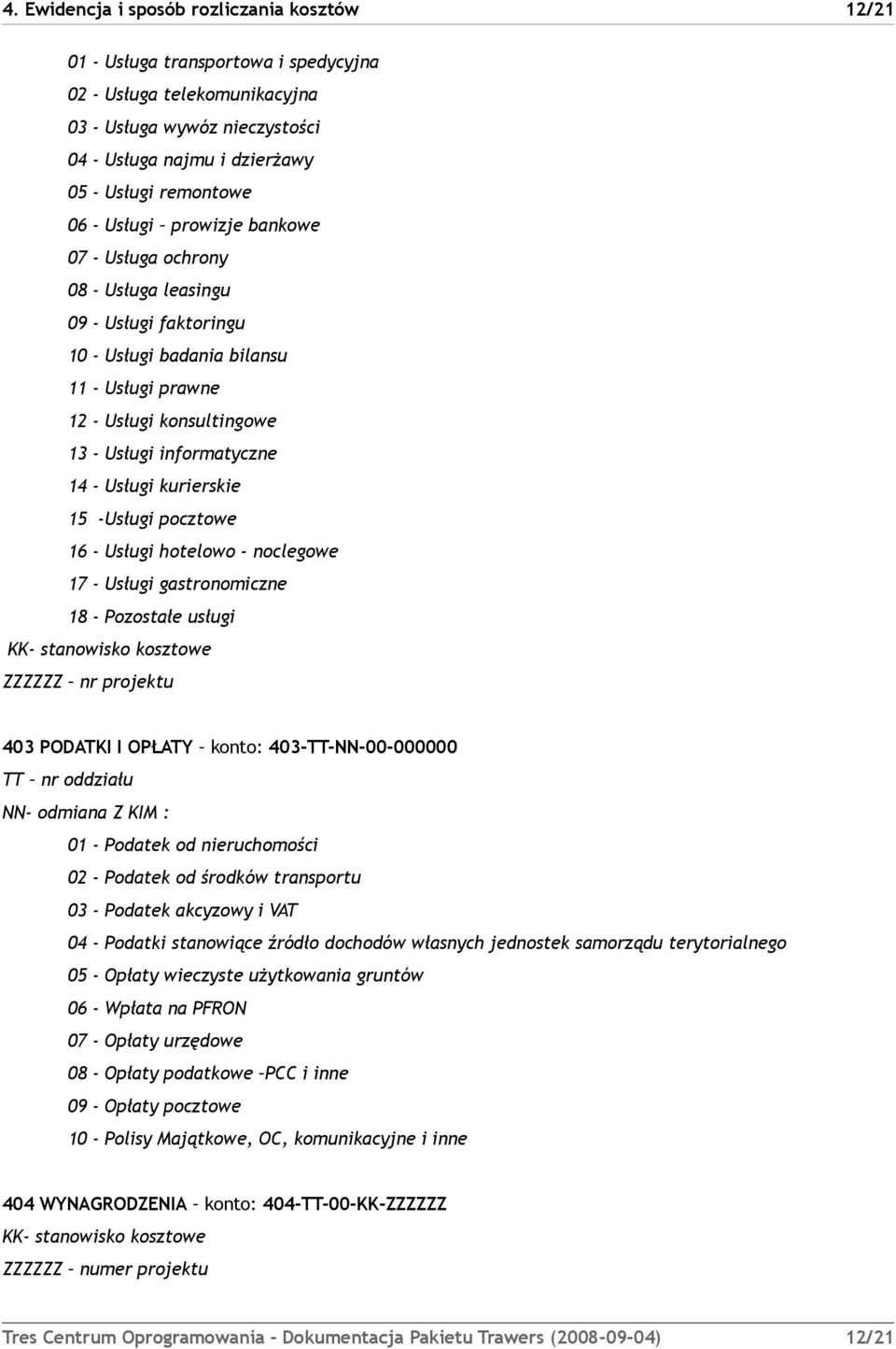 Usługi kurierskie 15 -Usługi pocztowe 16 - Usługi hotelowo - noclegowe 17 - Usługi gastronomiczne 18 - Pozostałe usługi KK- stanowisko kosztowe ZZZZZZ nr projektu 403 PODATKI I OPŁATY konto: