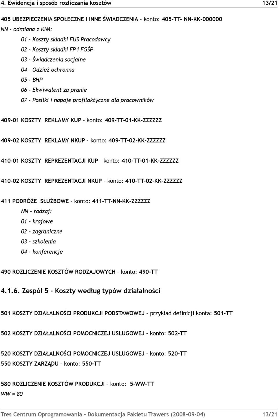 409-02 KOSZTY REKLAMY NKUP konto: 409-TT-02-KK-ZZZZZZ 410-01 KOSZTY REPREZENTACJI KUP konto: 410-TT-01-KK-ZZZZZZ 410-02 KOSZTY REPREZENTACJI NKUP konto: 410-TT-02-KK-ZZZZZZ 411 PODRÓŻE SŁUŻBOWE