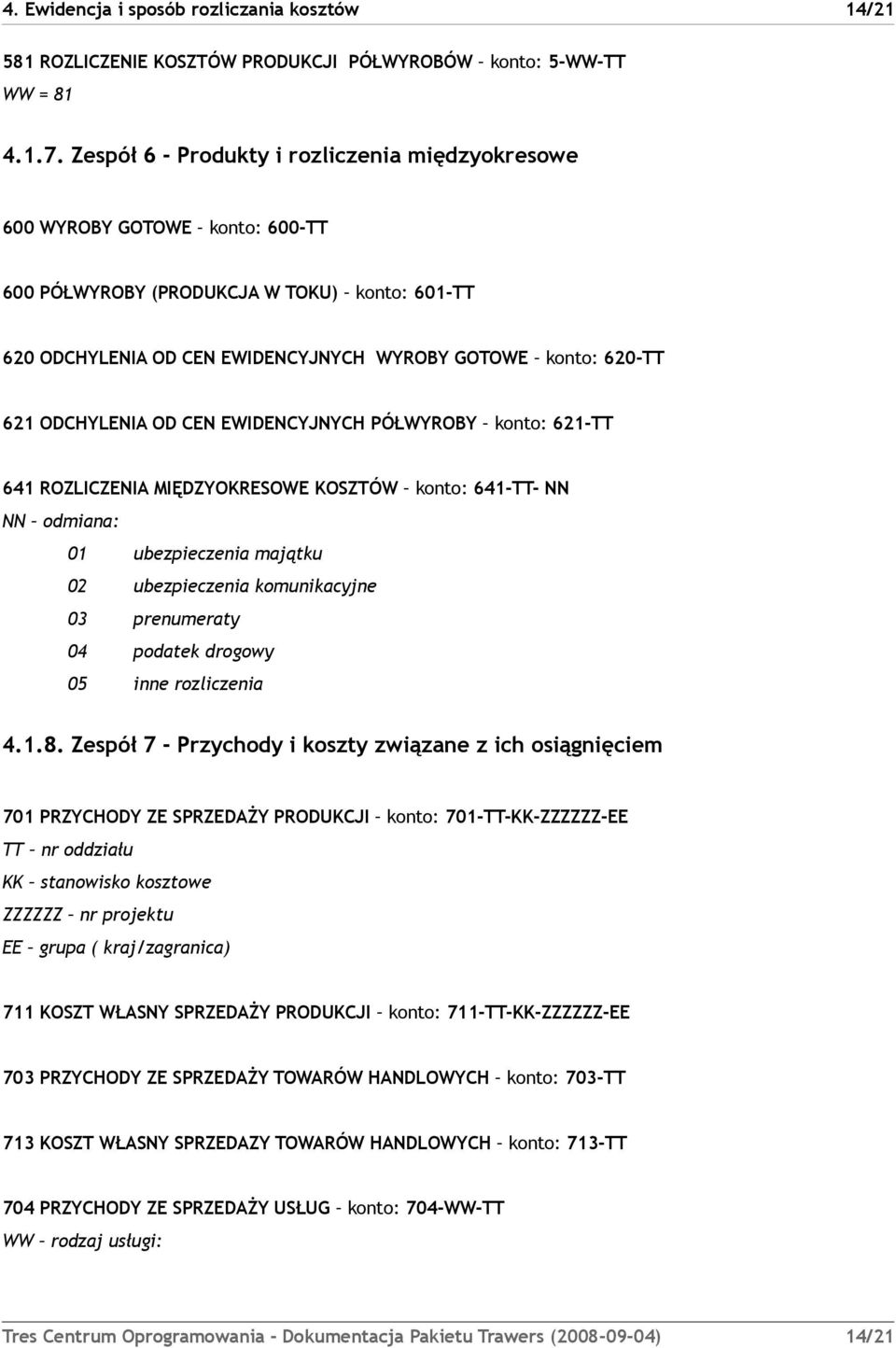 ODCHYLENIA OD CEN EWIDENCYJNYCH PÓŁWYROBY konto: 621-TT 641 ROZLICZENIA MIĘDZYOKRESOWE KOSZTÓW konto: 641-TT- NN NN odmiana: 01 ubezpieczenia majątku 02 ubezpieczenia komunikacyjne 03 prenumeraty 04