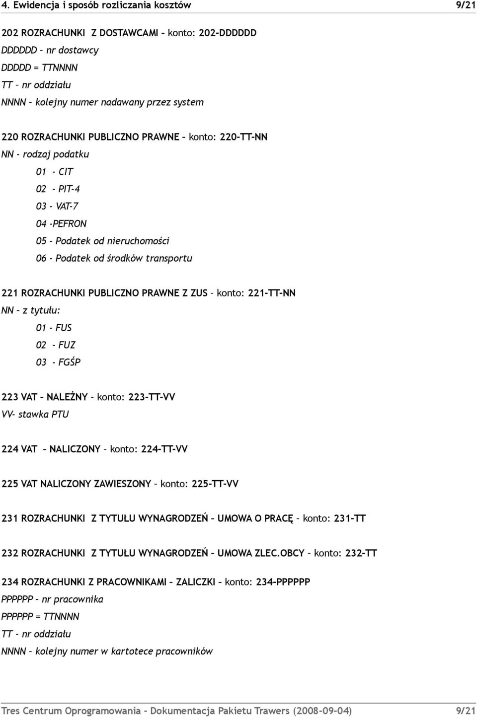 konto: 221-TT-NN NN z tytułu: 01 - FUS 02 - FUZ 03 - FGŚP 223 VAT NALEŻNY konto: 223-TT-VV VV- stawka PTU 224 VAT NALICZONY konto: 224-TT-VV 225 VAT NALICZONY ZAWIESZONY konto: 225-TT-VV 231