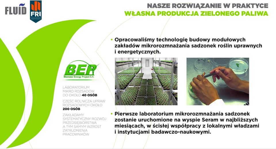 LABORATORIUM MIKRO ROZSADÓW DO OKOŁO 40 OSÓB CZĘŚĆ ROLNICZA UPRAW ROZSADOWYCH OKOŁO 200 OSÓB ZAKŁADAMY SYSTEMATYCZNY ROZWÓJ