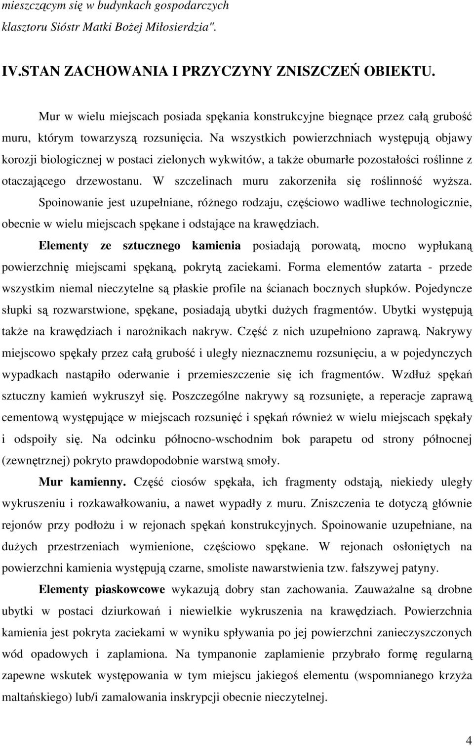 Na wszystkich powierzchniach występują objawy korozji biologicznej w postaci zielonych wykwitów, a także obumarłe pozostałości roślinne z otaczającego drzewostanu.