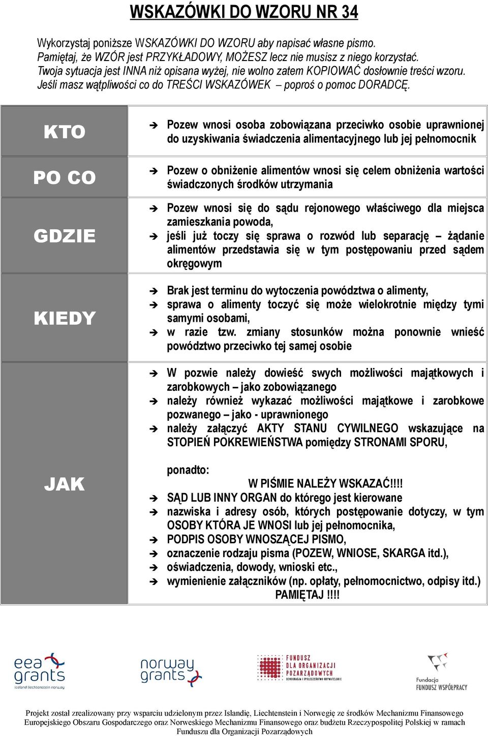 KTO PO CO GDZIE KIEDY JAK Pozew wnosi osoba zobowiązana przeciwko osobie uprawnionej do uzyskiwania świadczenia alimentacyjnego lub jej pełnomocnik Pozew o obniżenie alimentów wnosi się celem