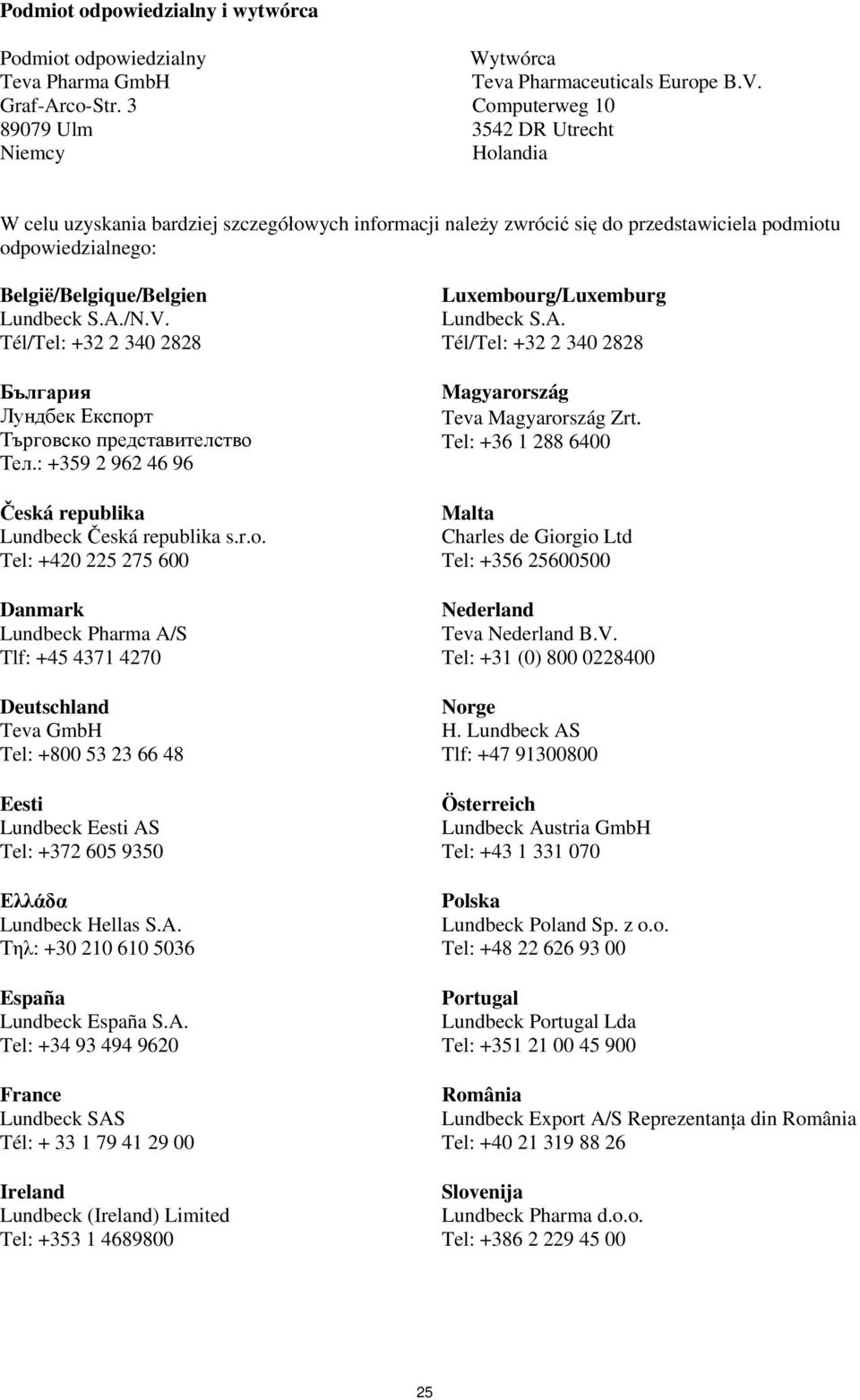 Lundbeck S.A./N.V. Tél/Tel: +32 2 340 2828 България Лундбек Експорт Търговско представителство Тел.: +359 2 962 46 96 Česká republika Lundbeck Česká republika s.r.o.