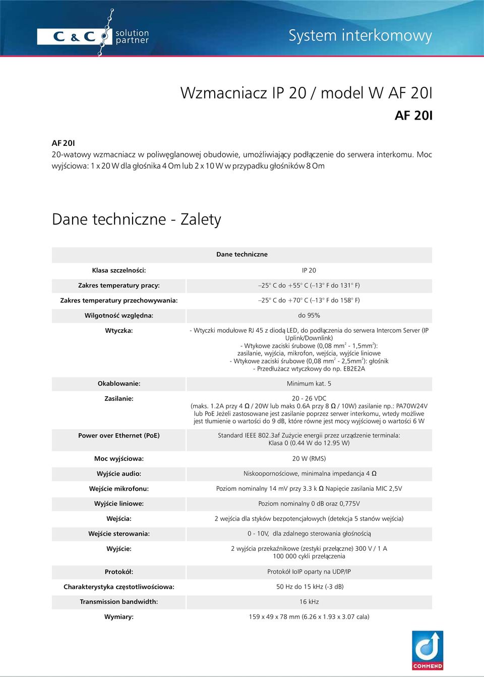 131 F) Zakres temperatury przechowywania: 25 C do +70 C ( 13 F do 158 F) Wilgotność względna: do 95% Wtyczka: - Wtyczki modułowe RJ 45 z diodą LED, do podłączenia do serwera Intercom Server (IP