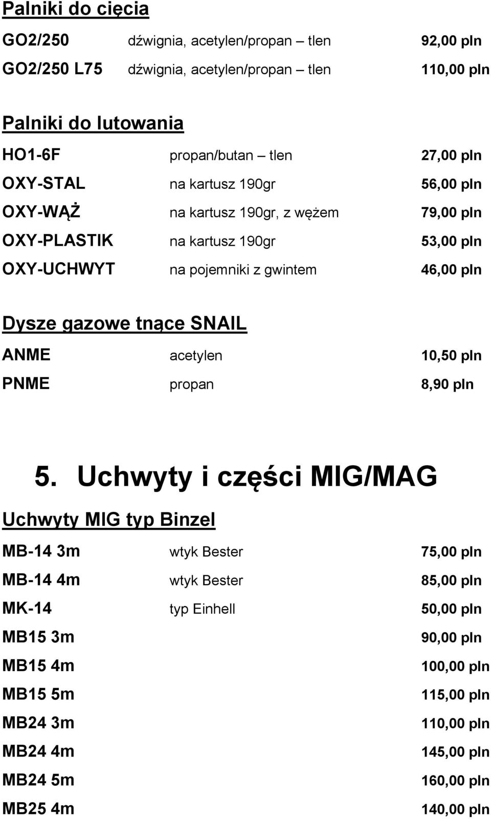 pln Dysze gazowe tnące SNAIL ANME acetylen 10,50 pln PNME propan 8,90 pln 5.